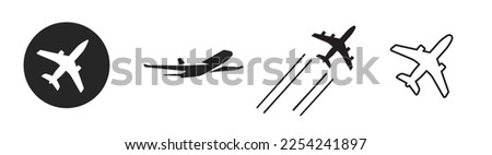Airplane icon takeoff logo black pictogram set vector or plane take off flying silhouette shape graphic simple plain clipart symbol, airport airline jet circle sign, aeroplane thin line outline art Royalty-Free Stock Photo #2254241897