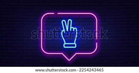 Neon light speech bubble. Victory hand line icon. Two fingers palm sign. Gesture symbol. Neon light background. Victory hand glow line. Brick wall banner. Vector