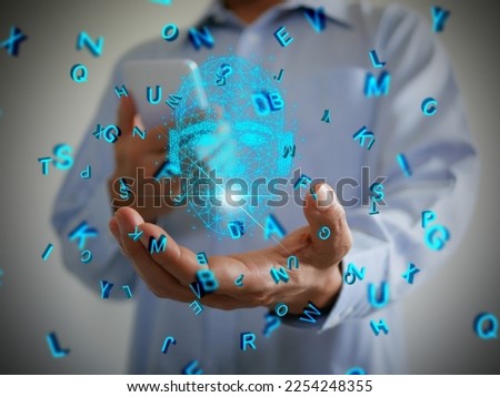 AI speaks letters, text-to-speech or TTS, text-to-voice, speech synthesis applications, generative Artificial Intelligence, futuristic technology in language and communication. Royalty-Free Stock Photo #2254248355