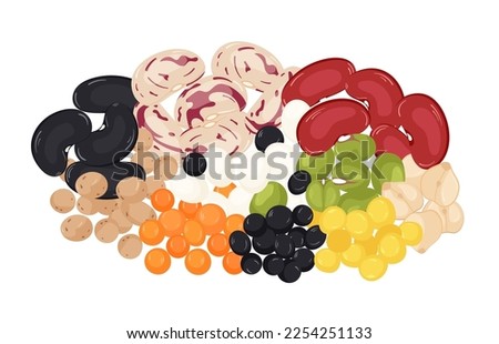 Heap of various leguminous grains on a white background. Grains of beans, kidney beans, soybeans, lentils, chickpeas, mung. organic superfood. vector illustration Royalty-Free Stock Photo #2254251133