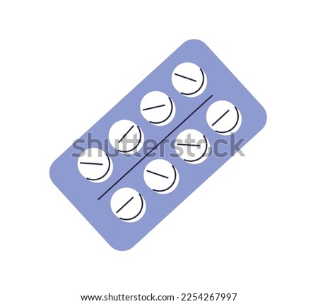 Pill blister with round tablets, medicines. Medical package with medicaments, drugs. Painkillers in pack. Pharmacy, prescription concept. Flat vector illustration isolated on white background Royalty-Free Stock Photo #2254267997