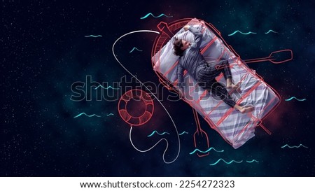 Creative design with line art. Man sleeping and having dream about sea travelling, sailing on boat over starry night background. Concept of fantasy, artwork, imagination, relaxation, mental health.