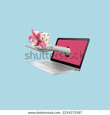 Contemporary art collage of laptop and hand with gift box. Concept of holiday shopping. Greeting and celebration.  Copy space for ad. Royalty-Free Stock Photo #2254272587