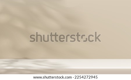 Beige Background Studio with 3d Podium and shadow leaves,Brown Backdrop cement wall with concrete floor,Pastel scene Cream Display Room Background for Spring,Summer Cosmetics Product presentation  Royalty-Free Stock Photo #2254272945