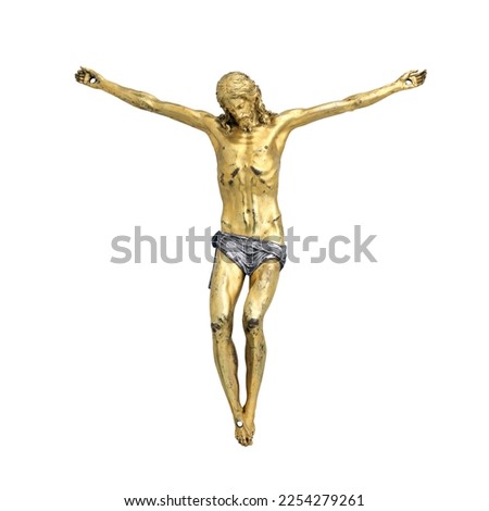 Jesus Christ corpus from a crucifix isolated on white background, front view color picture