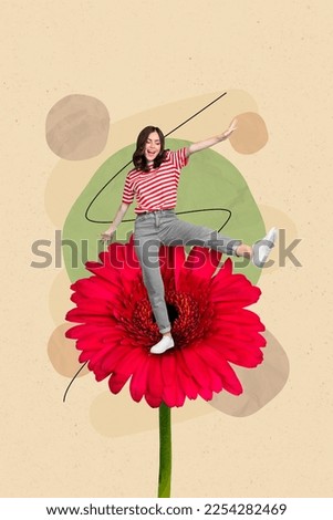 Photo of excited funny girl dance red gerbera wear stylish outfit dance have fun periods finished pms comfortable advert isolated on beige background