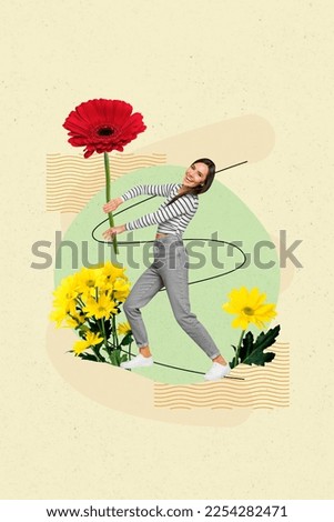 Photo collage artwork of young positive careless positive lady hold red gerbera flower bloom yellow daisy garden isolated on yellow background Royalty-Free Stock Photo #2254282471