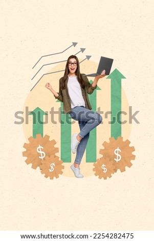 Vertical collage photo minimal template of successful investor stock market easy money winner stats growing profit isolated on beige background