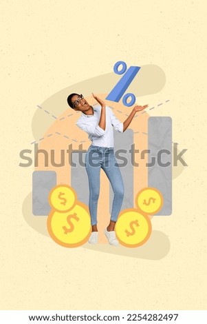Collage photo of funny business lady wear smart casual clothes hold percent near graphic stats investment strategy isolated on beige background
