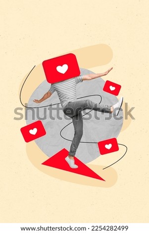 Vertical photo minimal collage of social media addicted blogging star need fame popularity like notification head isolated on yellow background
