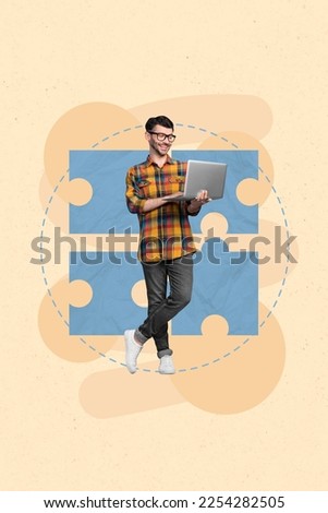 Creative photo collage of young successful positive expert programmer application developer hold laptop isolated on yellow painted background