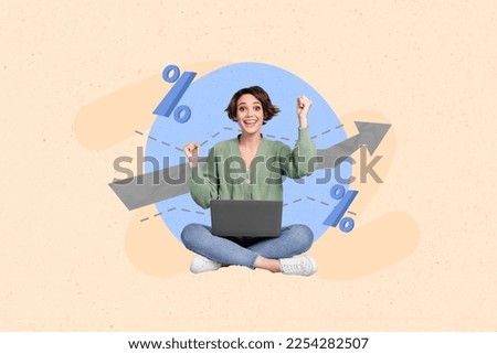Creative photo collage illustration of impressed excited happy woman sit with laptop clenching fists isolated on pastel color background