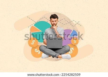 Photo of minded smart funny man use laptop touch chin minded analyzing market situation charts budget growth isolated over beige color background