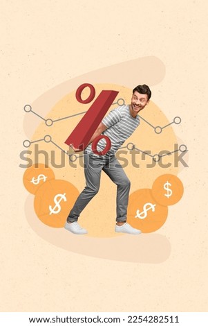 Composite collage photo artwork of young funny customer investor man hold percent profitable deal cheap price isolated on yellow color background