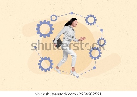 Full length photo template collage of young funny hurry running fast girl hold netbook invention startup gearwheel isolated on painted background