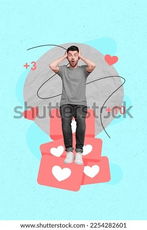 Vertical creative photo collage of impressed astonished funny guy standing on likes hands cover ears isolated on teal color background