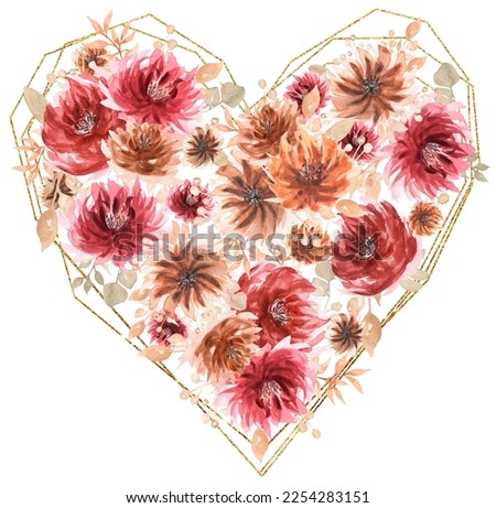 Watercolor red flowers and golden heart frame clip art, coral florals valentines day card, delicate peony flower, love day celebration, mothers day illustration, wedding invitation, card design, logo