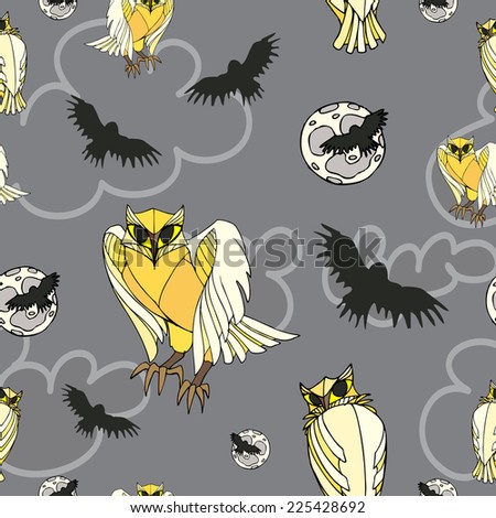 Night and owl on grey vector seamless pattern with moon and clouds