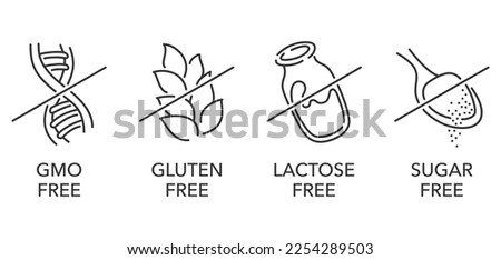 Lactose free pictograms in thin line. Sugar free, Gluten free, GMO free - set of food packaging decoration element for healthy natural organic nutrition