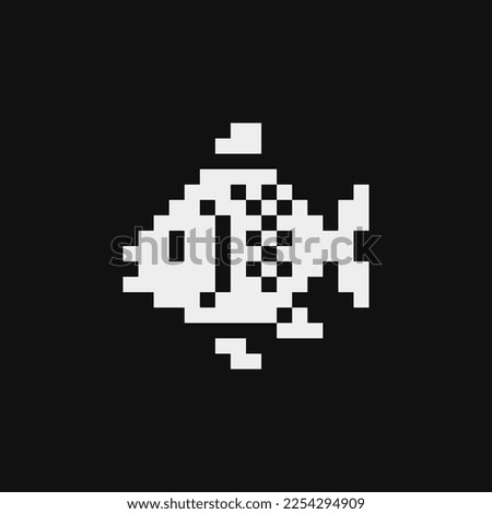 1-bit fish logo pixel art style icon element, design app, web, tattoo, sticker and emoji. Isolated abstract vector illustration. Video game sprite. 