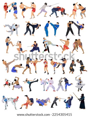 Collection of combat sport. Gatka, vovinam, sorro wrestling, silambam, pradal serey, kurash, schwingen, huyen langlon, arnis escrima, kalaripayattu. Royalty-Free Stock Photo #2254305415