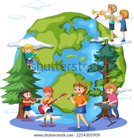 Children playing music on earth globe illustration
