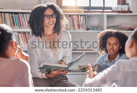 Storytelling, teacher or students with questions in a classroom or library for learning development. Education, kids or children listening to a black woman asking for feedback on fun books at school