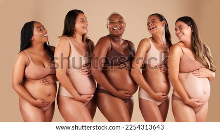 Pregnant body, portrait or laughing friends on studio background in diversity empowerment, baby support and community. Smile, happy or pregnancy women in underwear with stomach in funny or comic joke