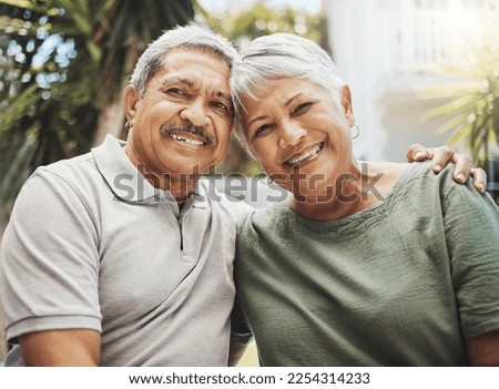 Senior african couple, smile portrait and hug for love, support and care in relationship embrace, bond or happiness outdoor. Romance, happy marriage or elderly black man and woman on holiday together Royalty-Free Stock Photo #2254314233