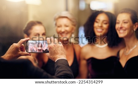 Phone, photography or women in a party in celebration of goals or new year at fancy luxury event. Girlfriends, camera pov or happy people take pictures for social media at dinner gala or fun birthday