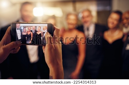 Phone photography, hands or people in a party to celebrate goals or new year at luxury event. Women, screen or group of friends smile in pictures for social media at fun dinner gala or happy birthday