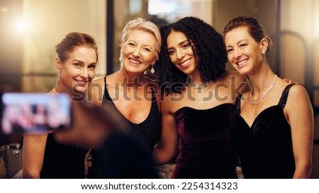 Phone photography, happy or friends in a party to celebrate goals or new year at fancy luxury event. Girls night, camera pov or people take pictures for social media at dinner gala or fun birthday