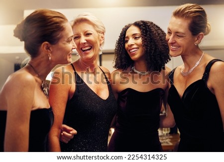 Happy, funny or friends hug in a party in celebration of goals or new year at a luxury womens social event. Smile, girls night or people speaking, talking or bonding at dinner gala laughing at gossip Royalty-Free Stock Photo #2254314325