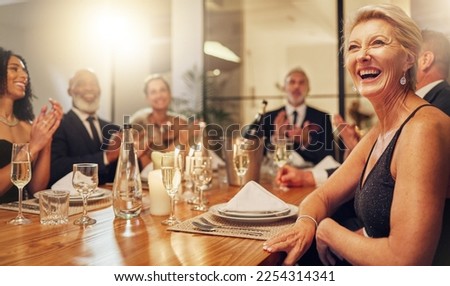People, party and clapping at restaurant in night with friends, business executive team or happy for success. New year, applause, celebration gala with champagne, congratulations or group motivation Royalty-Free Stock Photo #2254314341