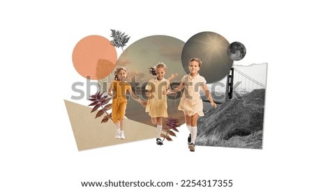Strolling outdoors. Contemporary collage. Surreal art design with happy children, kids running and playing at futuristic natural landscape. Concept of creativity, new vision, childhood. Surrealism