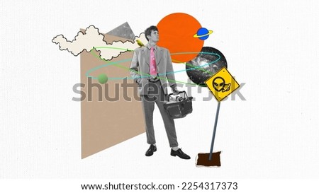 Young man in retro style clothes holding with grocery basket during shopping. Black Friday sales. Conceptual contemporary art collage or modern design. Retro style, surrealism, UFO danger concept. Royalty-Free Stock Photo #2254317373
