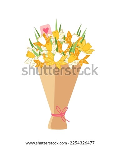 Vector set of positive floral illustrations isolated on white background. Early spring garden flowers, daffodils. Yellow daffodils bouquet. Clip art for bright festive greeting card, poster, ba