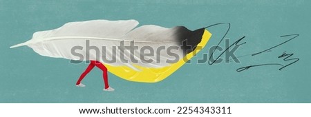 White quill running on human legs over light background with abstract design elements and doodles Concept of aspiration, creativity, journalism, news. Banner. Contemporary art collage