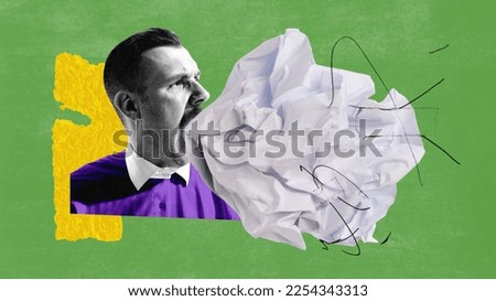 Contemporary art collage. Stylish man with paper making announcement. Concept of propaganda, journalism, mass media, influence, creativity, information, good or bad news. Copy space, ad. Retro design