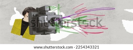 Contemporary art collage, modern design. Retro camera taking breaking news, spreading information on abstract color background. Concept of creativity, journalism, mass media influence, news. Banner
