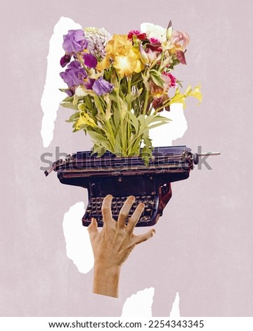 Contemporary modern design. Female hand typing on vintage typewriter with flowers over light background. Concept of journalism, mass media, art, news. Spring, summer mood
