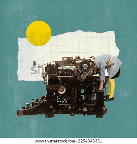 Contemporary art collage, modern design. Retro typewriter typing breaking news, spreading information on abstract color background. Concept of journalism, mass media influence, news.