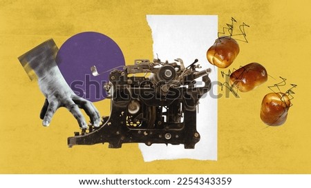 Contemporary art collage with and typing breaking news, spreading information on retro typewriter over abstract background. Concept of creativity, journalism, mass media influence, news.