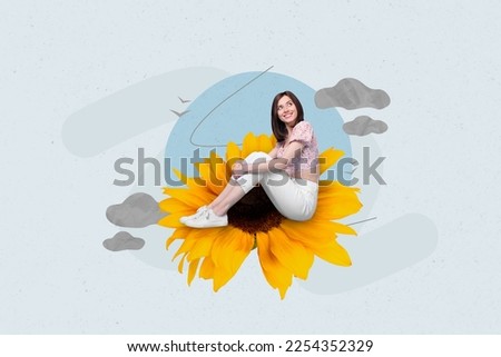 Creative surreal template collage of dreamy lady sit huge sunflower imagine florist advertisement