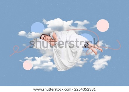 Inspiration magazine template collage of sleeping woman comfy dreaming air fly sky clouds on colorful background Royalty-Free Stock Photo #2254352331