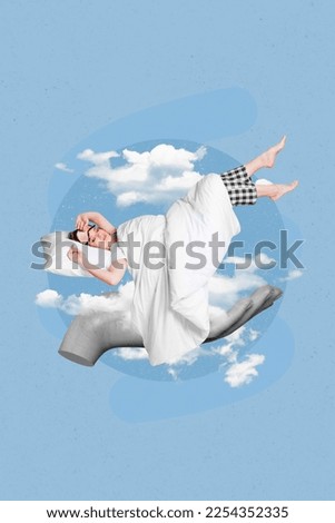 Creative bizarre surreal poster banner collage of levitating woman sleeping comfy dream big hand support