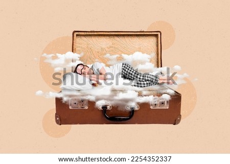 Banner poster creative collage of lazy woman dream sleeping decorated baggage bed on painted background
