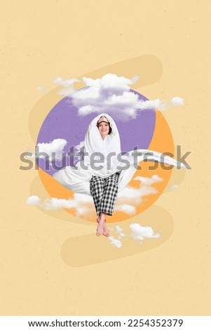 Photo poster creative collage cartoon picture of happy lady sitting cosmic space enjoy nice cozy dream isolated on drawing background