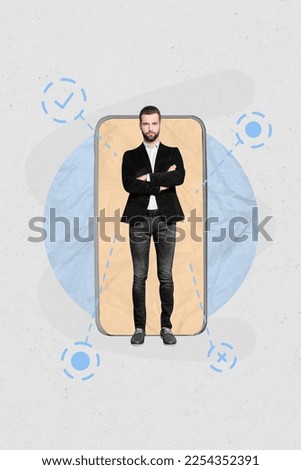 Creative magazine poster collage of young business man from touchscreen gadget helper guide on surreal background