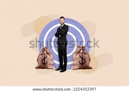 Photo template of cheerful positive satisfied confident businessman folded arms goal achieved bags money isolated on beige painted background